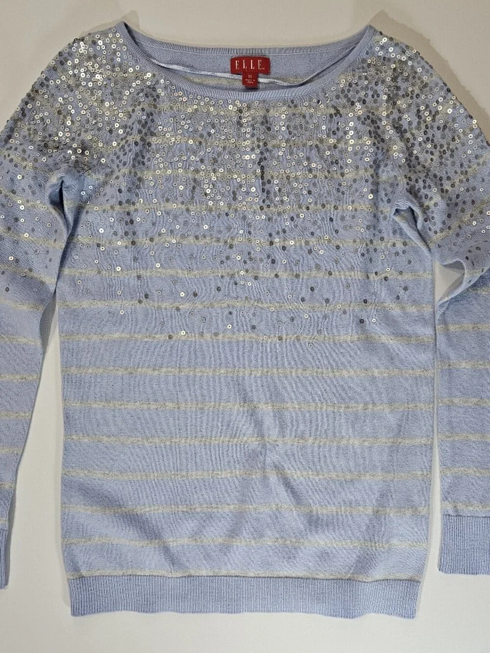 Elle Sweater Womens XS Blue Grey Stripe Sequined‎ Cottagecore Silver Sparkle